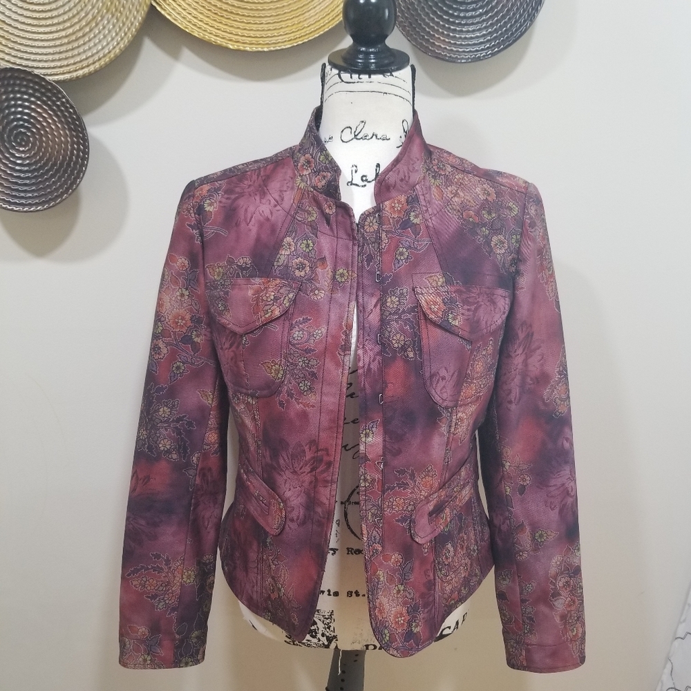 Anthracite Floral Jacket Burgundy Color Size 4 Tunic Style Collar Chinese, Hook